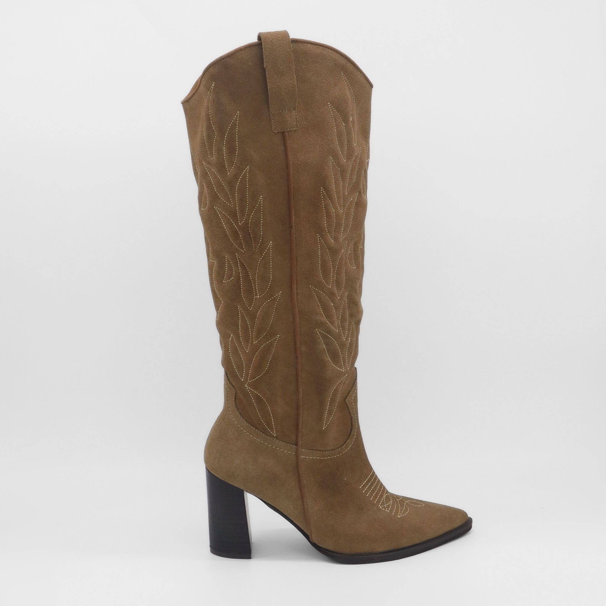 Malibu western cowboy boot in mocha suede leather
