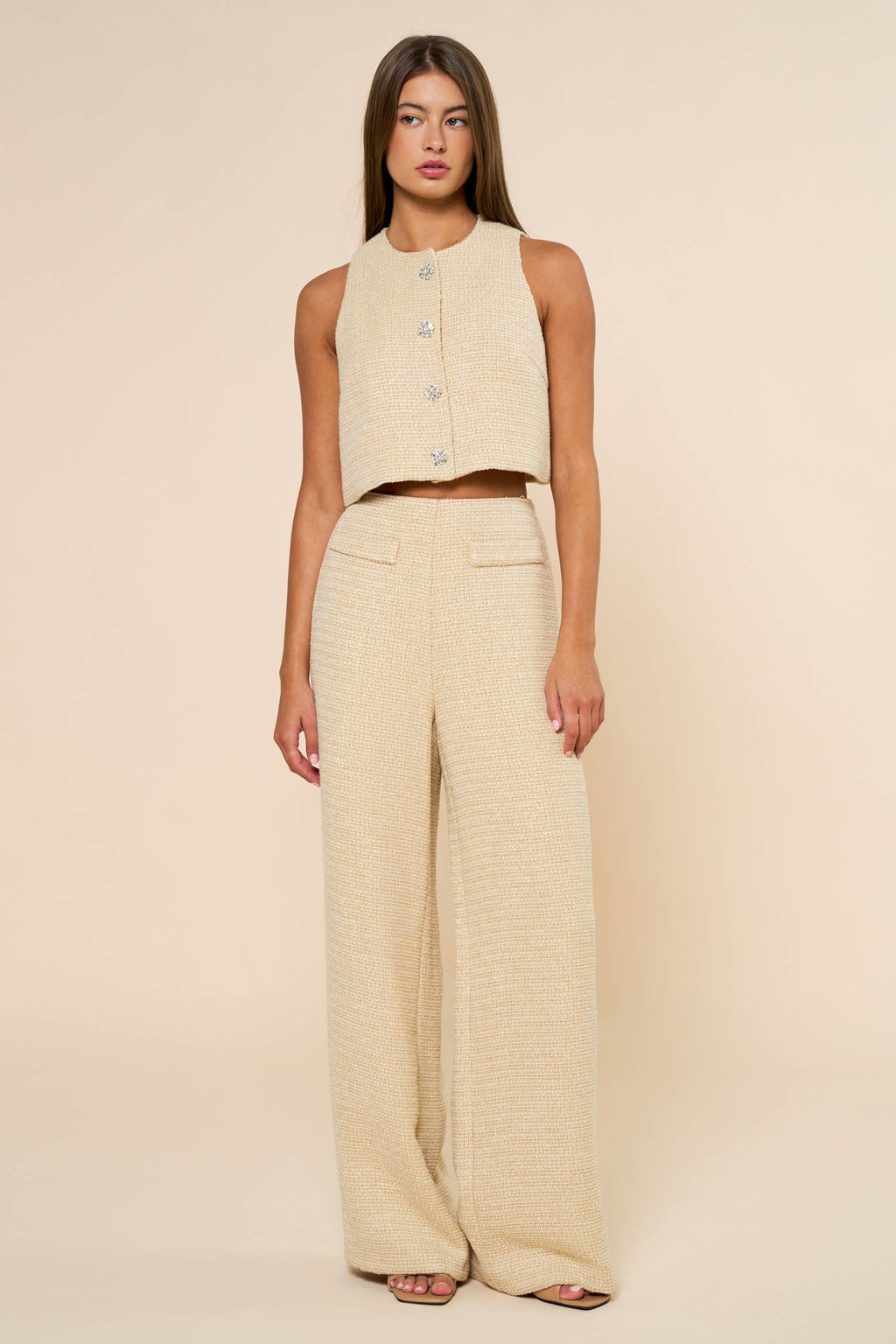 Sleeveless Tweed Cropped Top & Wide Leg Pants Set