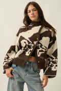 Abstract Jacquard-Knit High-Collar Offset Sweater Jacket