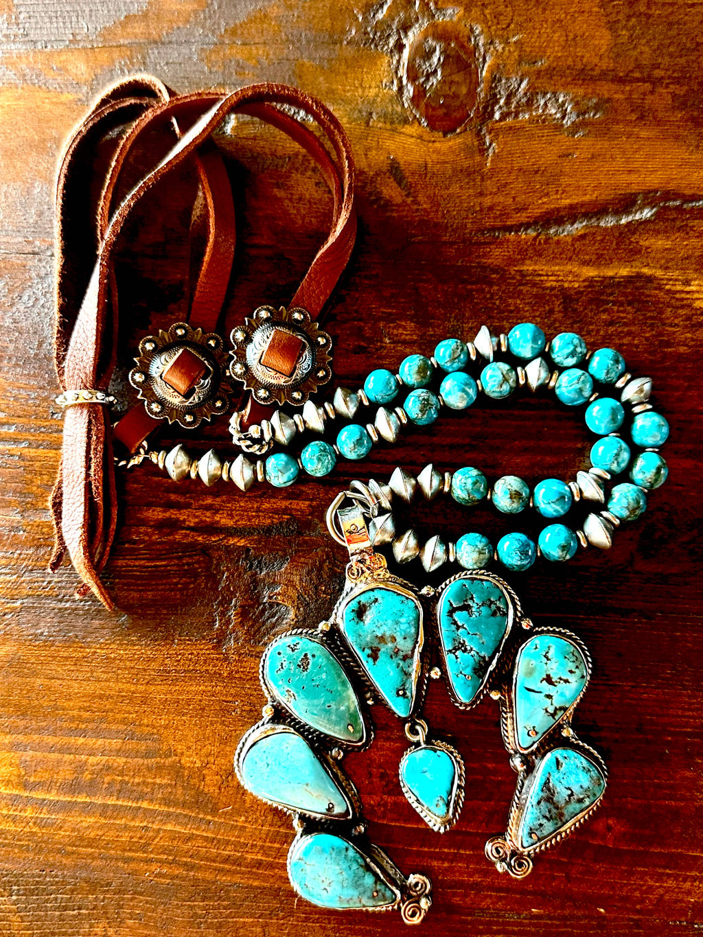 Adjustable Squash Blossom Necklace, Natural Blue Turquoise