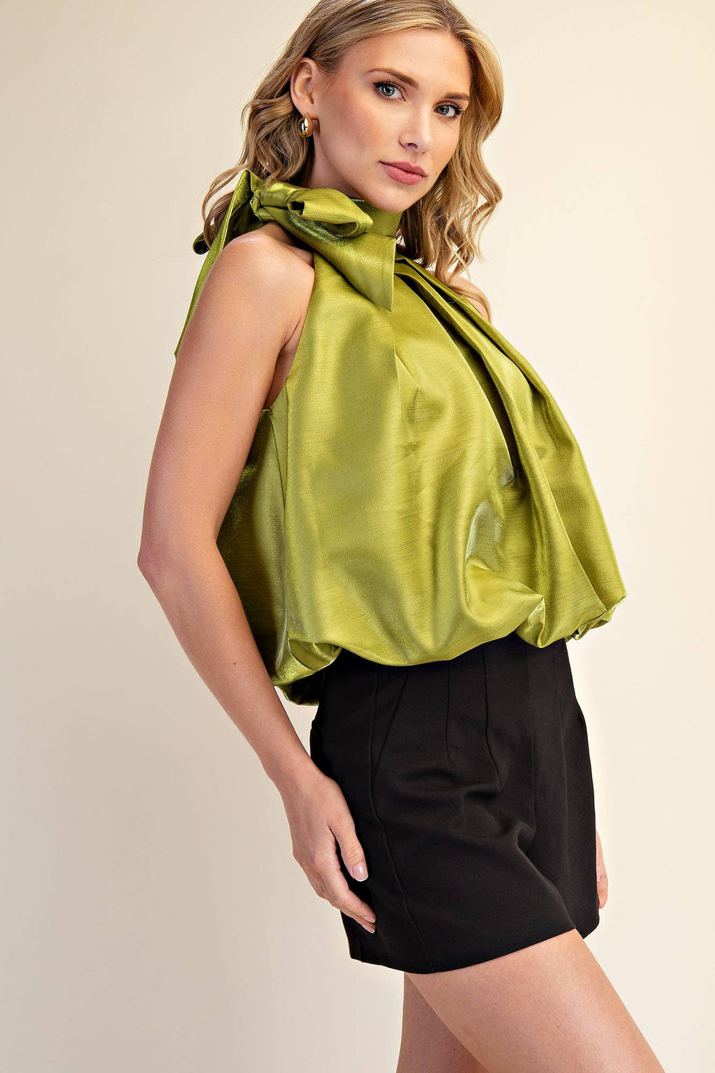 High Neck Tie Wrap Balloon Sleeveless Top