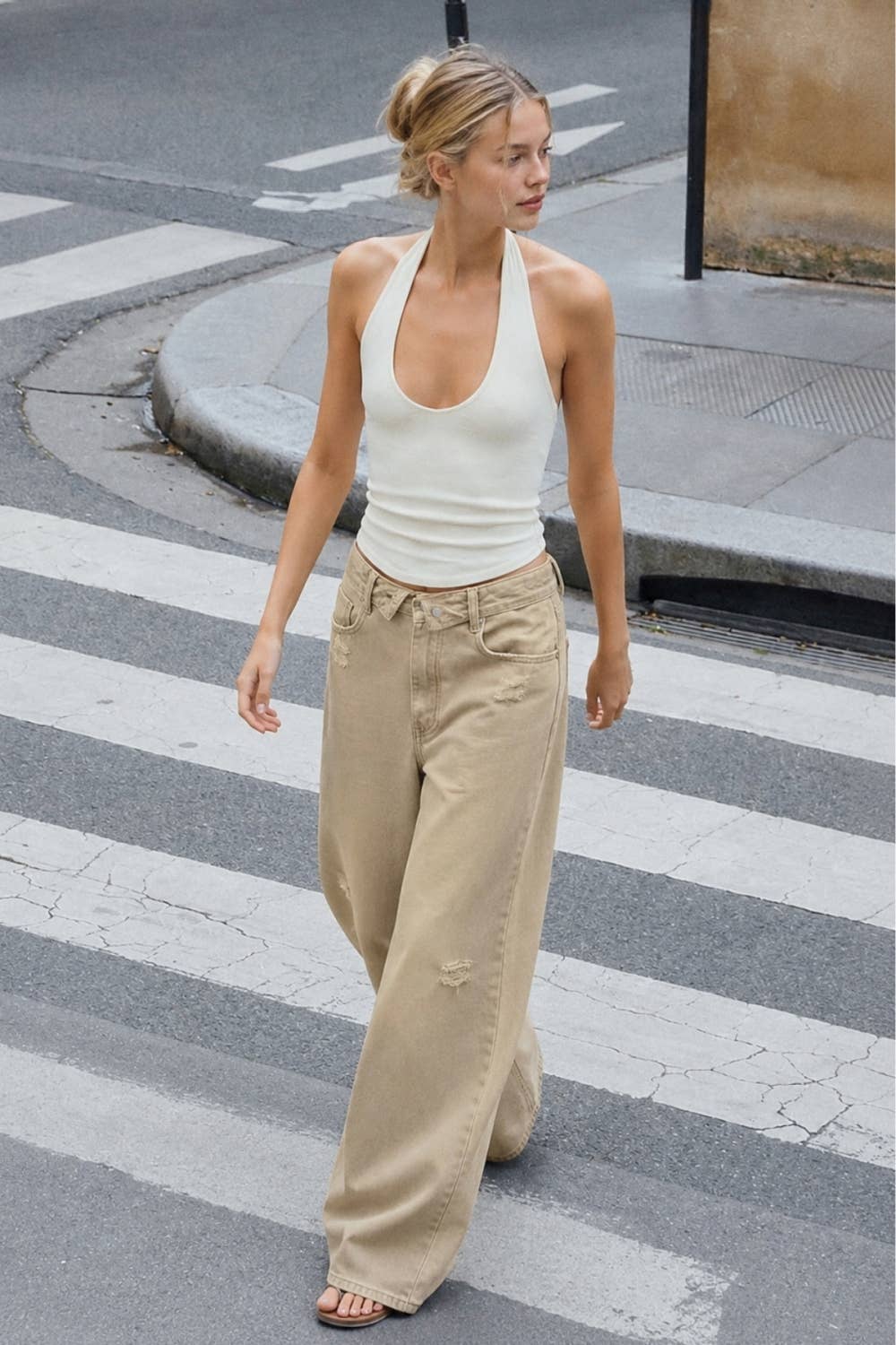 Folded Waist Distressed Baggy Jeans