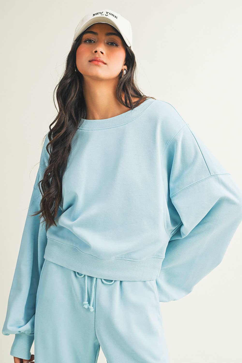 Drop Shoulder Pullover Drawstring Wide Leg Pants Set