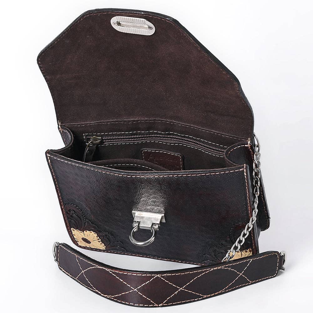 Hand-Tooled Leather Messenger Bag with Floral Design & Chain Strap