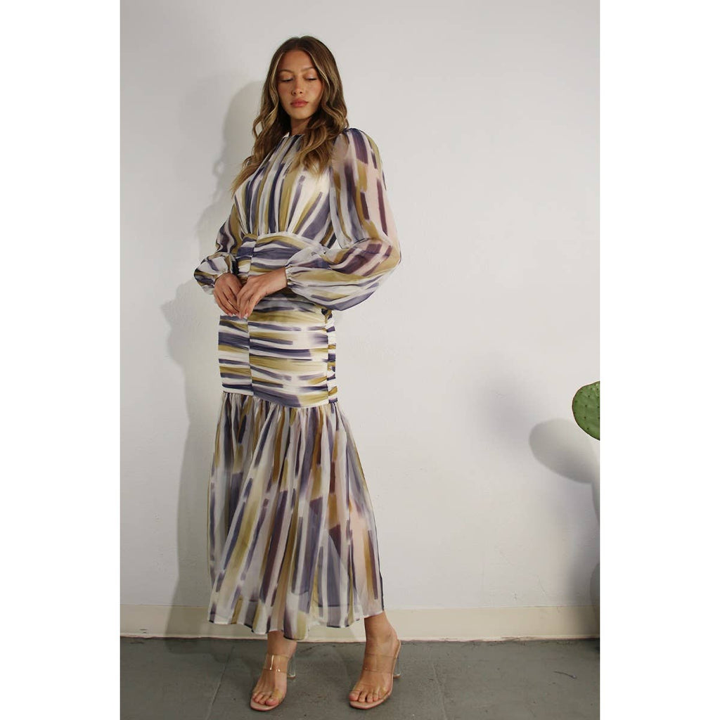 RUCHED LONG CHIFFON DRESS
