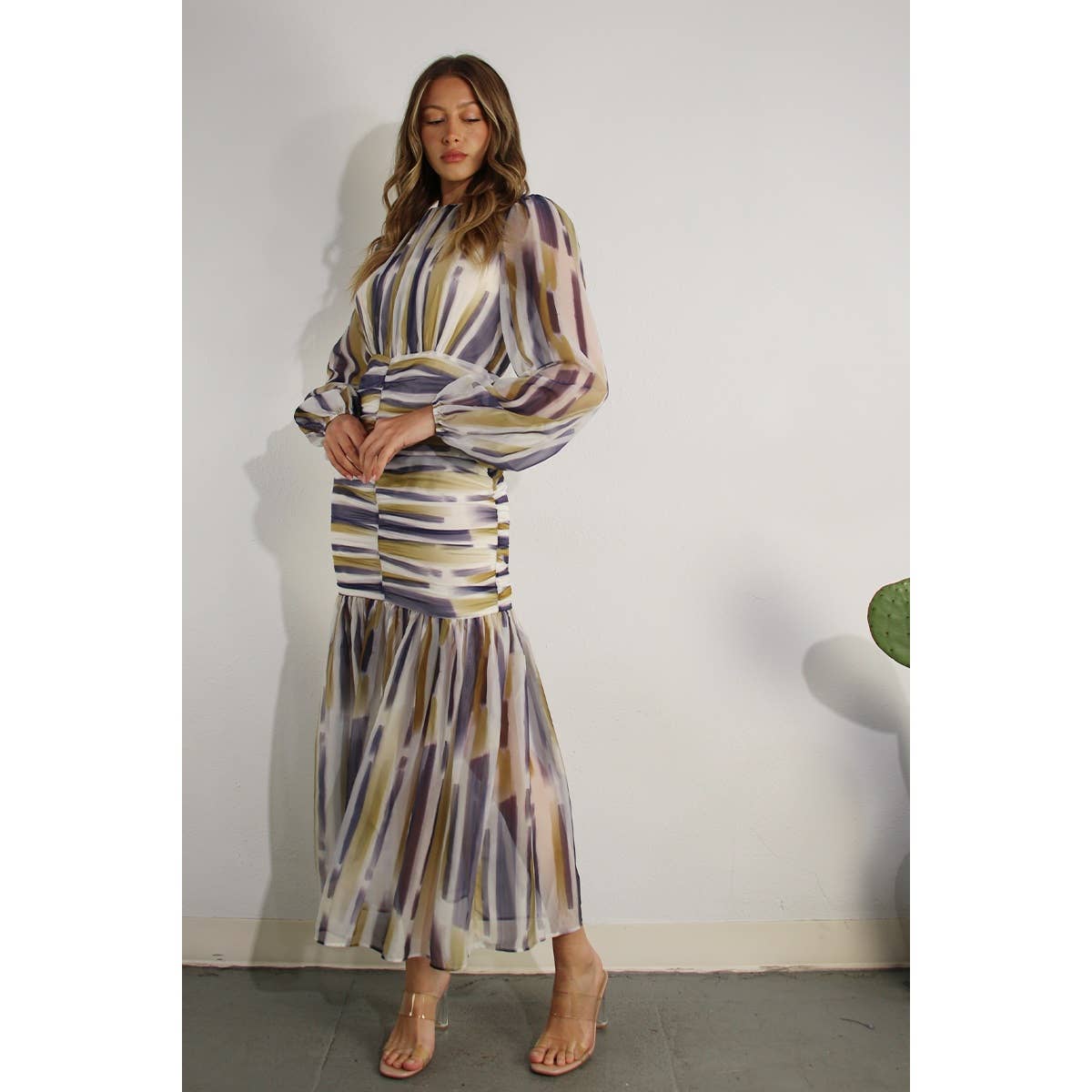 RUCHED LONG CHIFFON DRESS