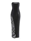 DR1021 Strapless PU Leather Lace Panel Midi Dress Chic