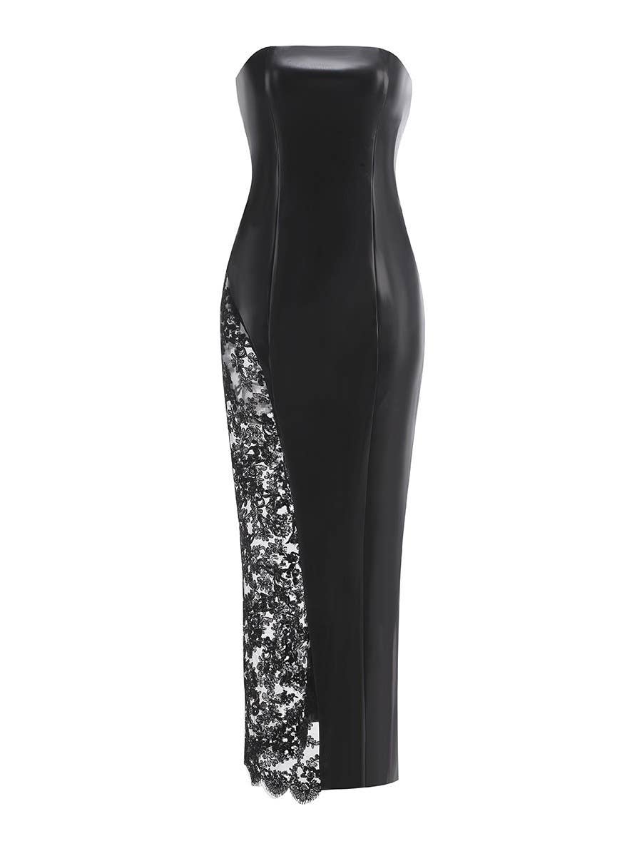 DR1021 Strapless PU Leather Lace Panel Midi Dress Chic