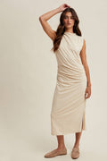 DRAPED MOCK NECK MIDI KNIT DRESS