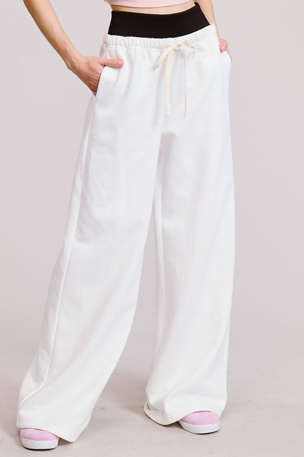 Wide Leg Drawstring Sweatpants with Contrast Waistband
