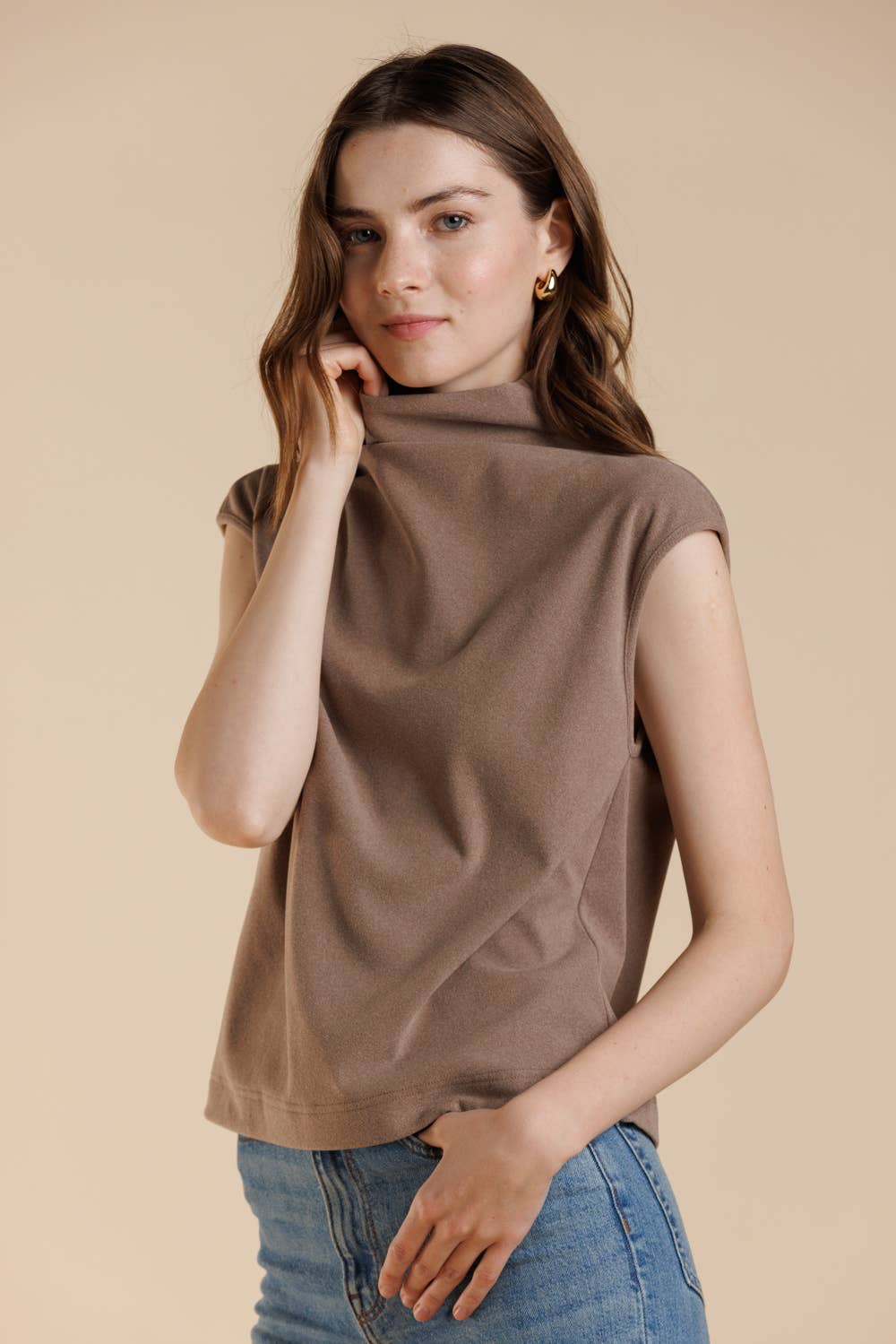 Soft Touch Brushed Knit Mock Neck Sleeveless Top