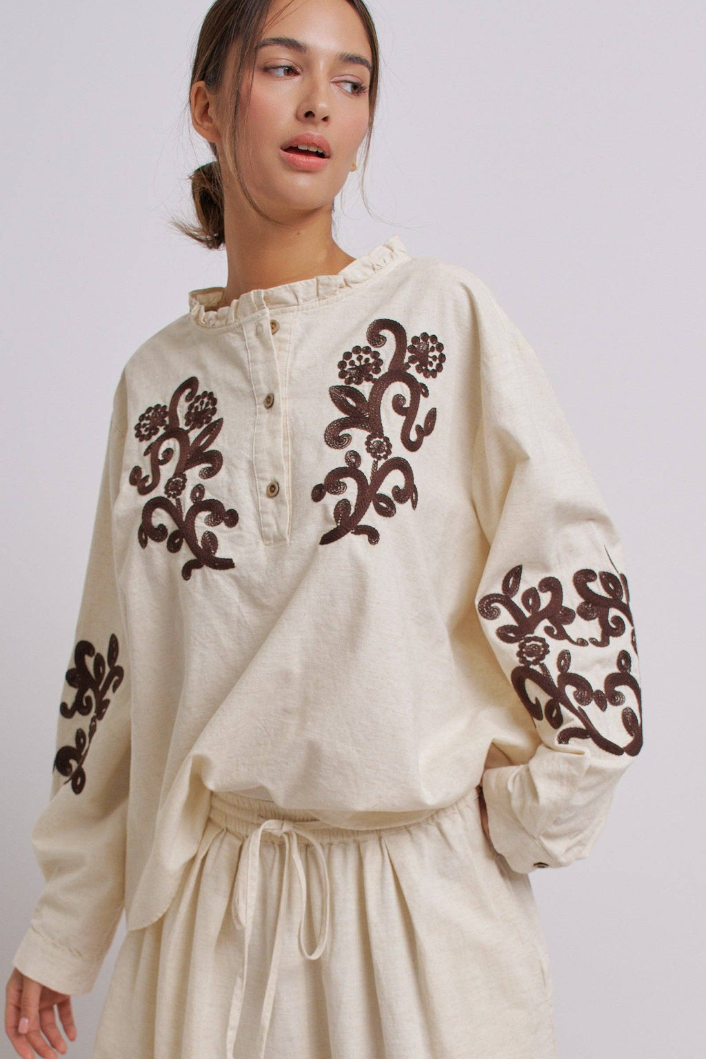 Embroidered Cotton Linen Blouse With Ruffle Collar