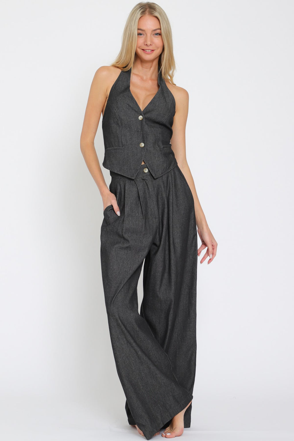 Halter Vest and High Waisted Long Pant Set