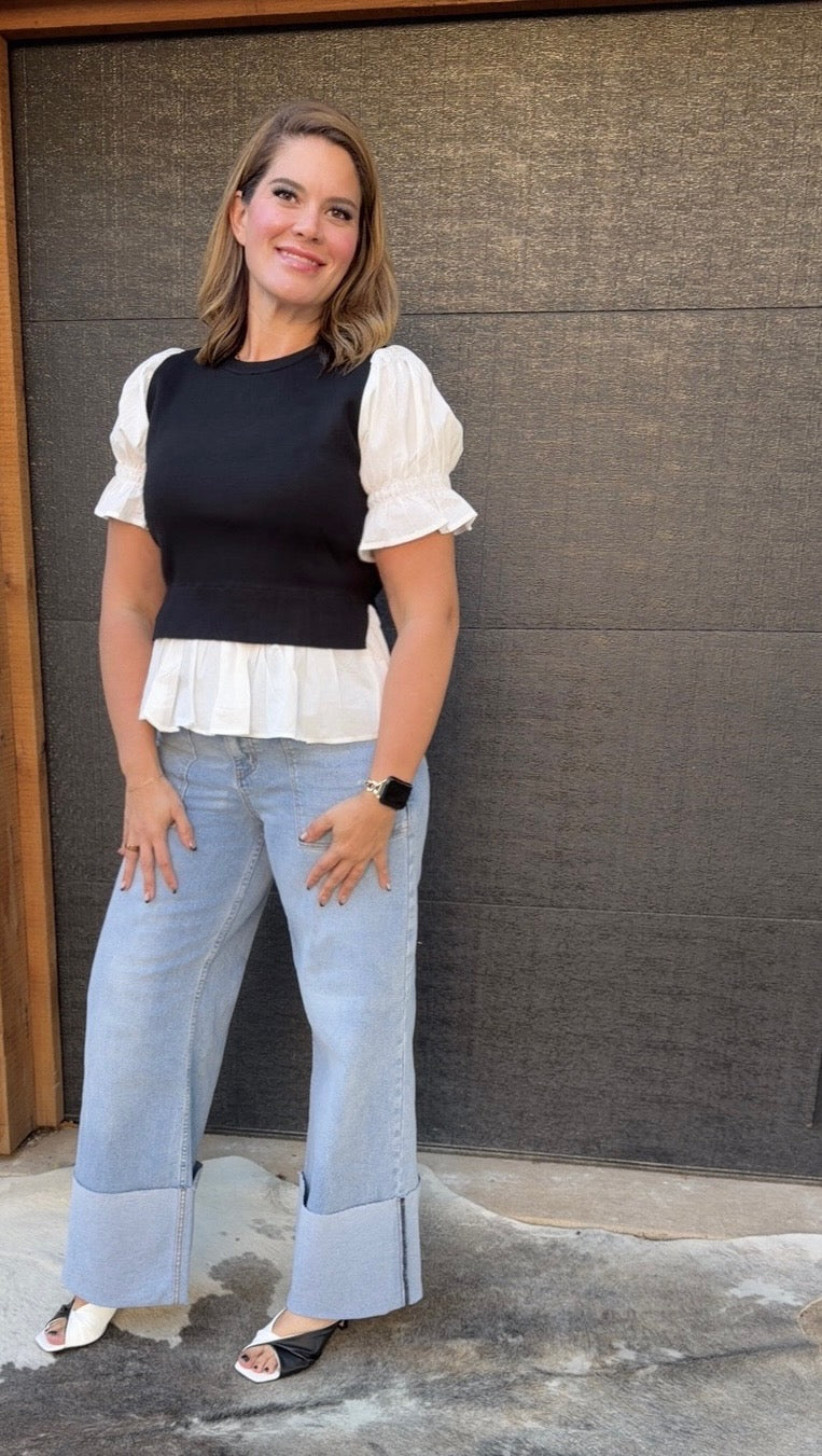 Shop The Look Sweater Combo Blouse, Wide Leg Jeans and Leather Slide Sandals in Black and White