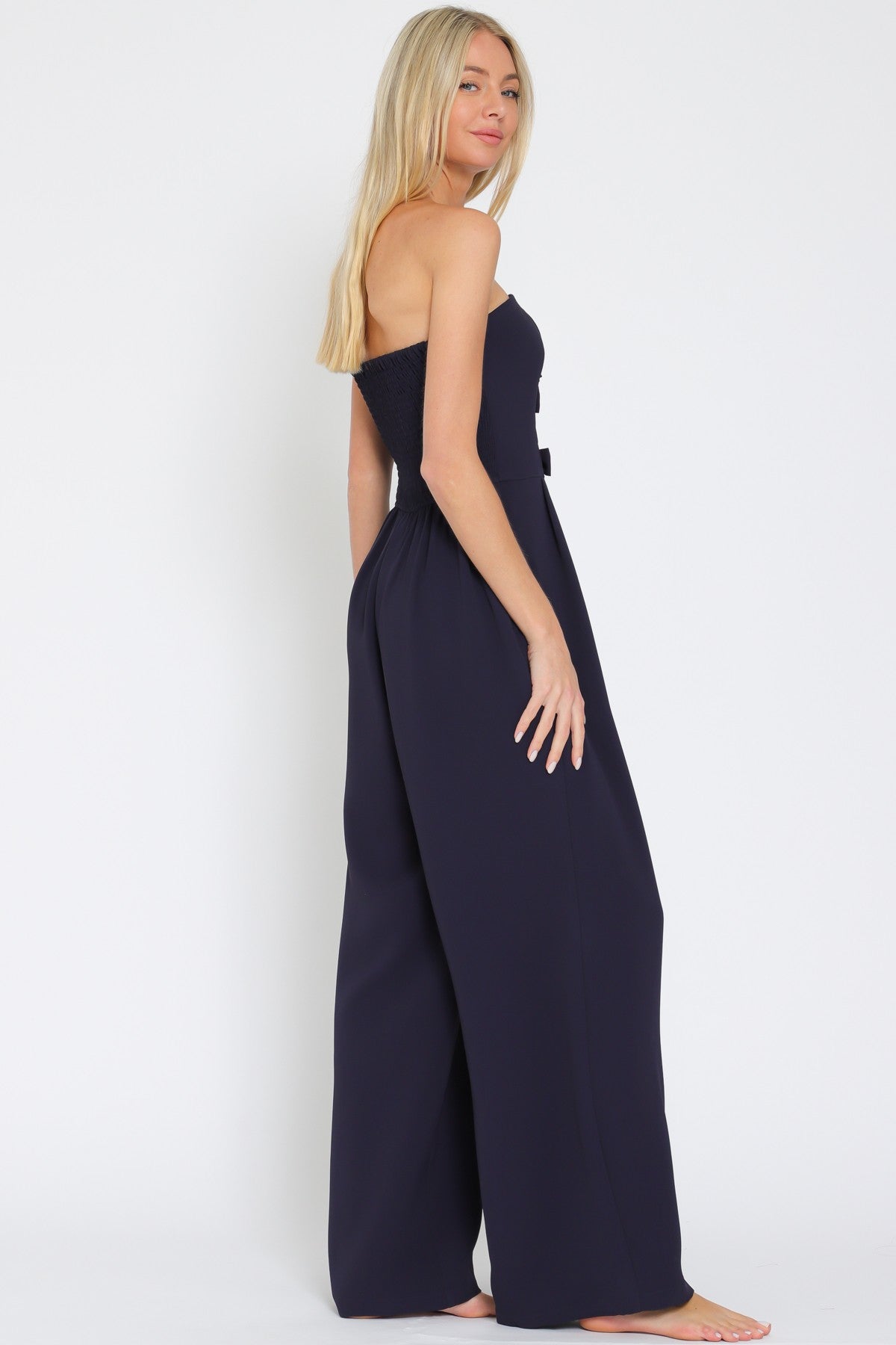 Ribbon Detailing Smocked Tube Jumpsuit