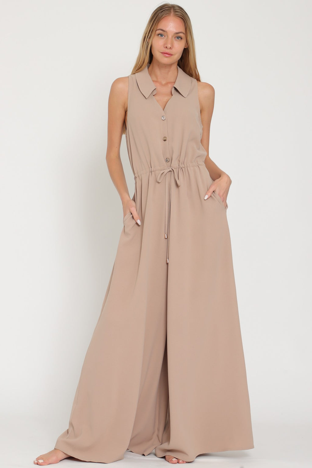 Sleeveless Button Down Tie Front Waisted Jumpsuit