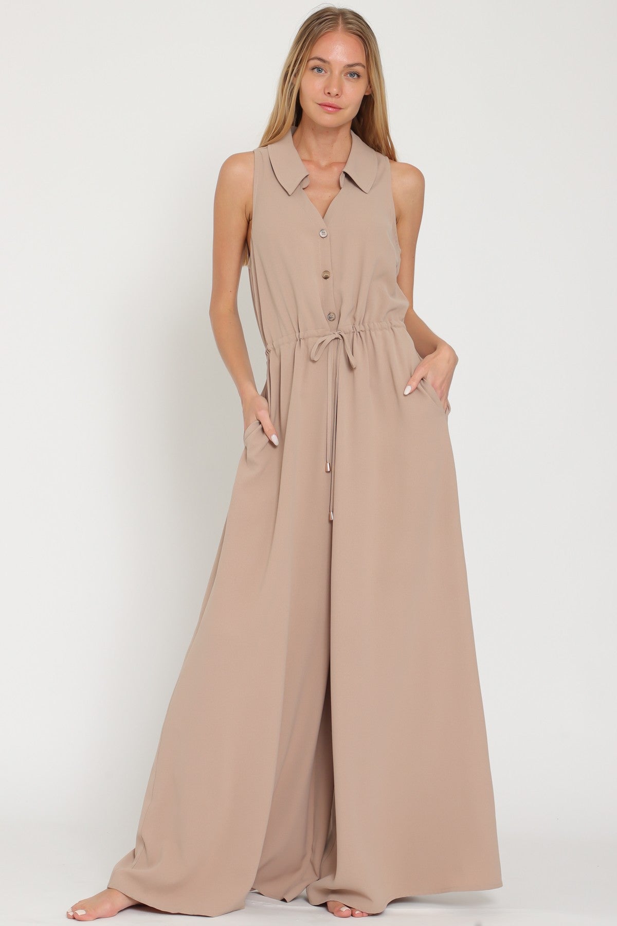 Sleeveless Button Down Tie Front Waisted Jumpsuit