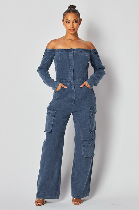 Off Shoulder Denim Cargo Jumpsuit