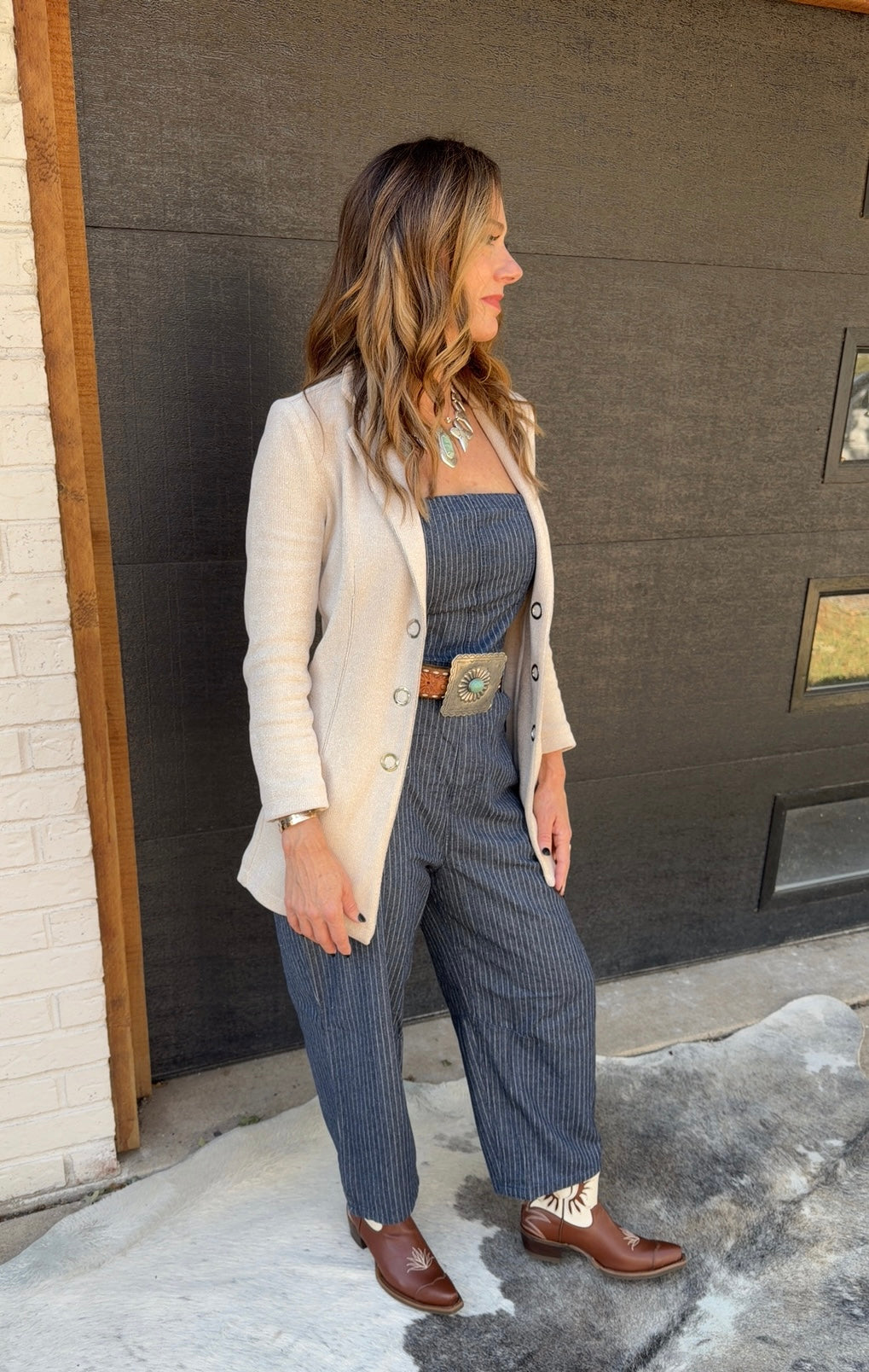 Shop The Look Pinstripe Barrel Pants one-piece and Prickly Pear Brown Boots