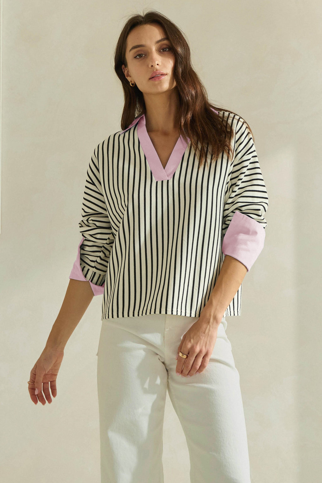 Striped Top With Contrast Neck & Pink Cuffs