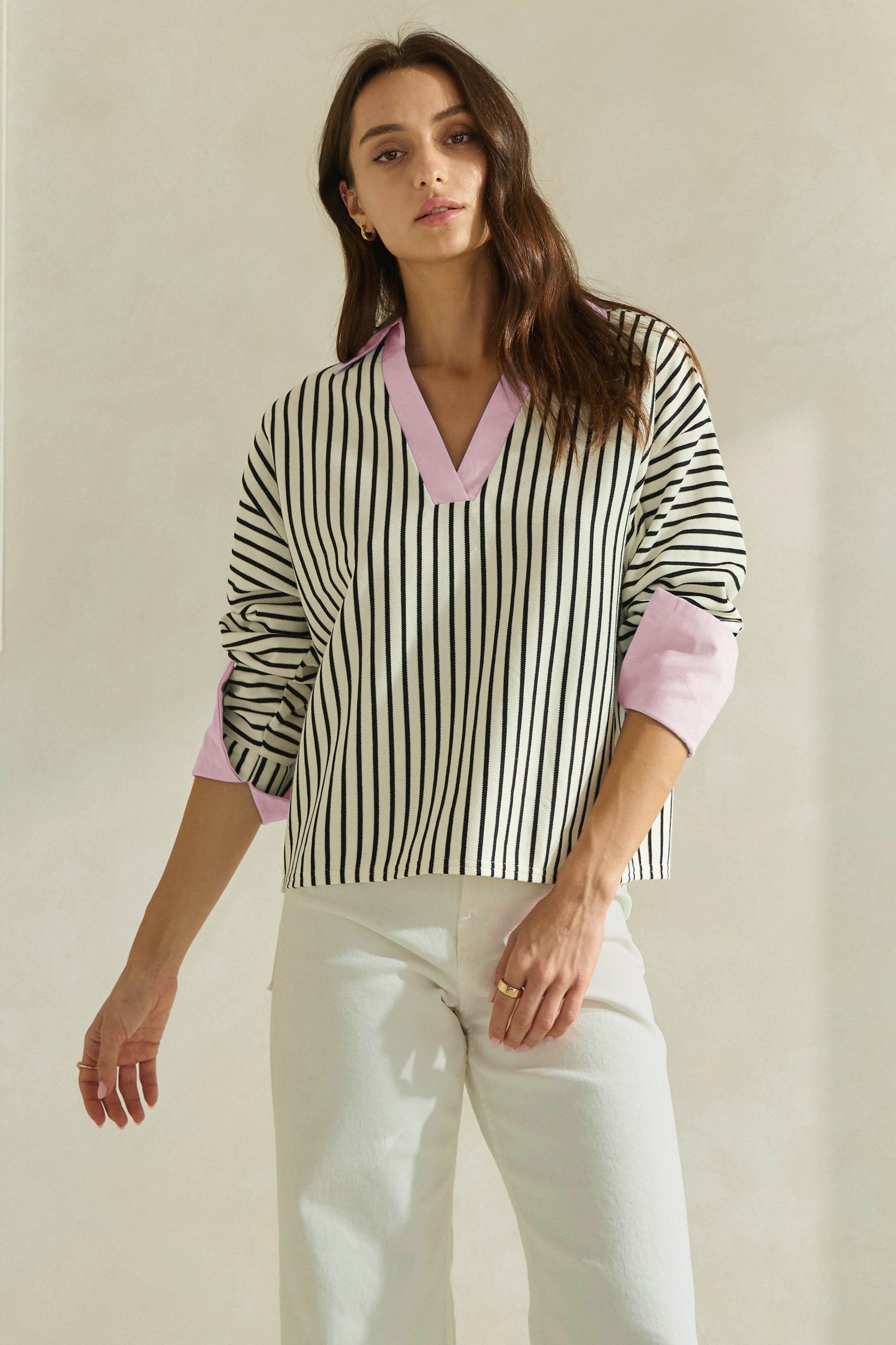 Striped Top With Contrast Neck & Pink Cuffs