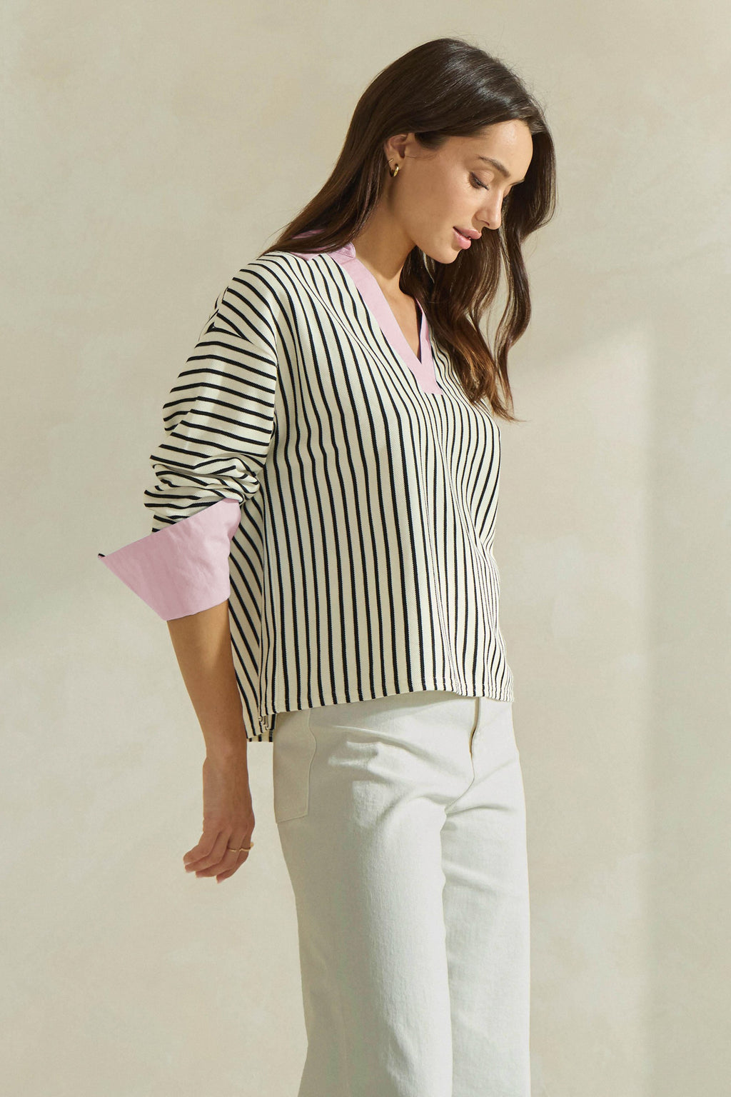 Striped Top With Contrast Neck & Pink Cuffs