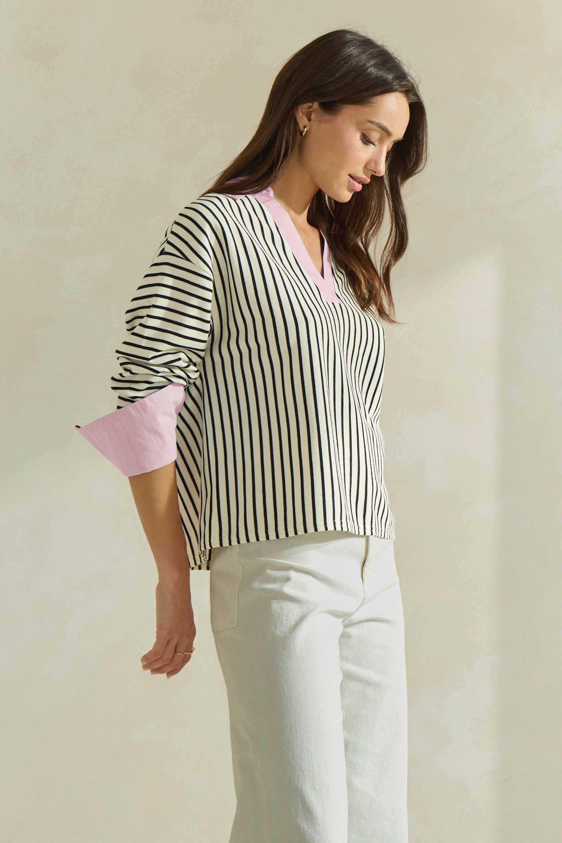 Striped Top With Contrast Neck & Pink Cuffs