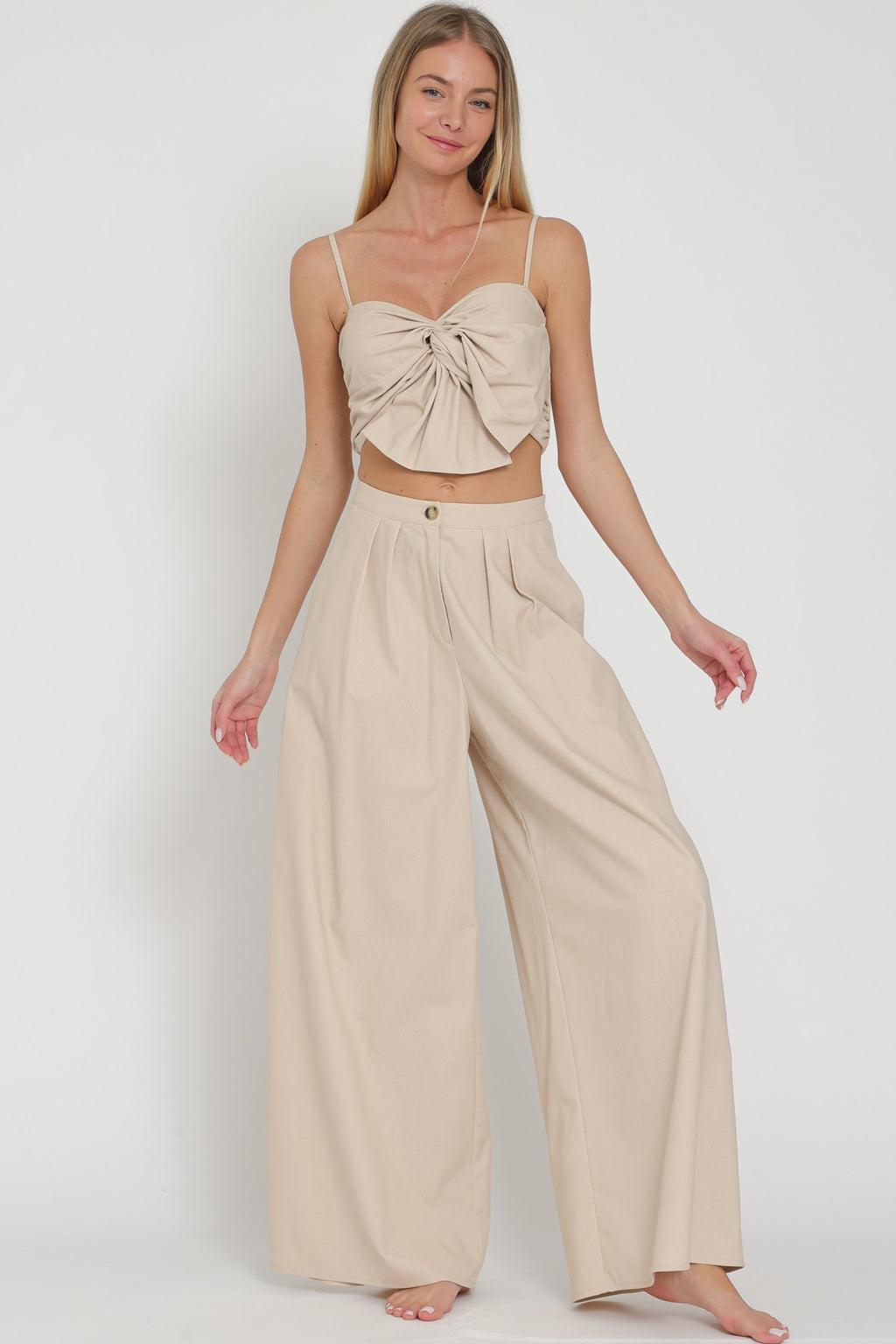 Adjustable Strap Ribbon Top and High Waisted Pant Set