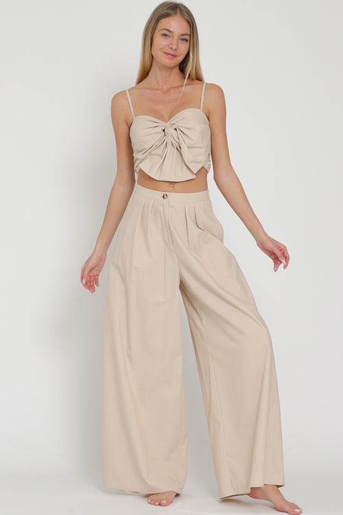 Adjustable Strap Ribbon Top and High Waisted Pant Set
