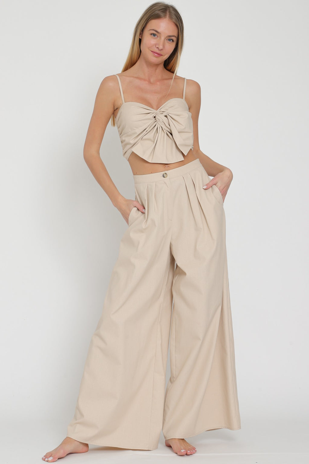 Adjustable Strap Ribbon Top and High Waisted Pant Set