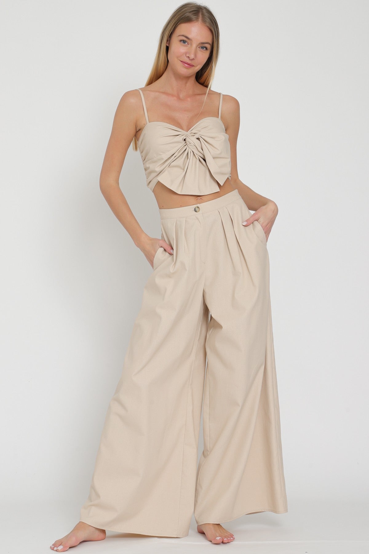 Adjustable Strap Ribbon Top and High Waisted Pant Set