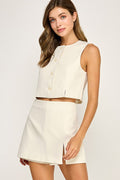 Sleeveless Button Cropped Top-cream color (matching skirt sold separate)