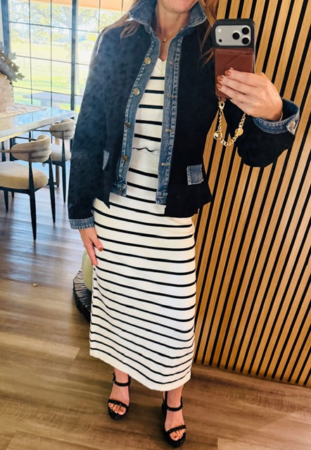 Shop The Look Striped Sweater Set and Layered Denim Trim Jacket
