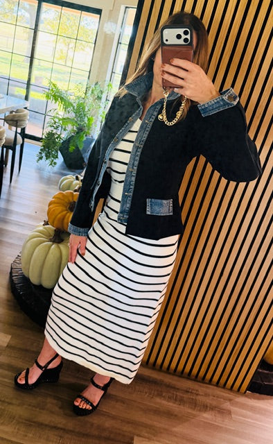 Shop The Look Striped Sweater Set and Layered Denim Trim Jacket