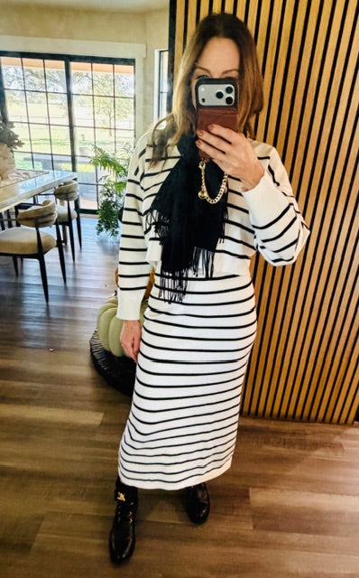 Shop The Look Striped Sweater Set and Layered Denim Trim Jacket