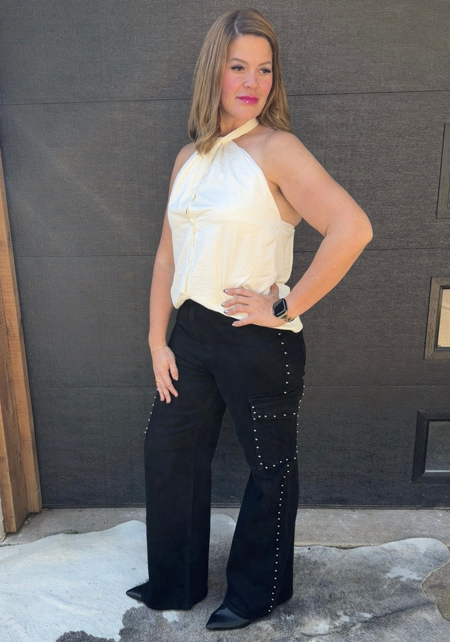 Shop The Look Silver Stud Wide Leg Cargo Jeans and Halter Vest Top