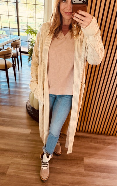 Shop The Look Chunky Cable Knit Cardigan and Brushed Thermal Crew Neck Shirt