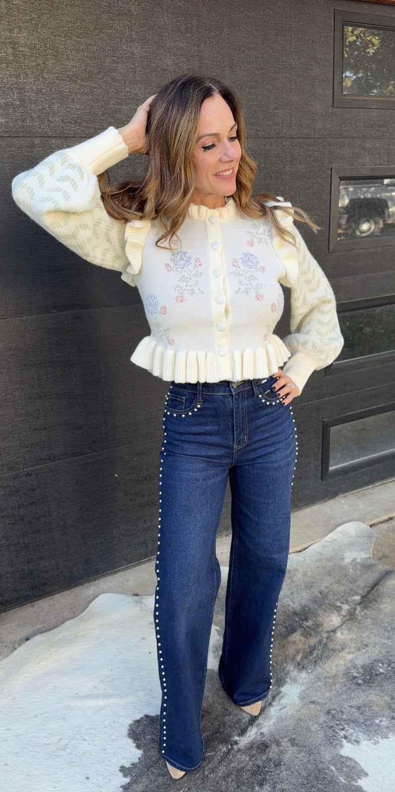 Shop The Look Floral Knit Cardigan with Stud Wide Leg Jeans