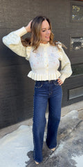 Shop The Look Floral Knit Cardigan with Stud Wide Leg Jeans