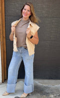 Shop The Look Chasing Sunset Vest, Wide Leg Jeans and Buckled High Heel Shoes