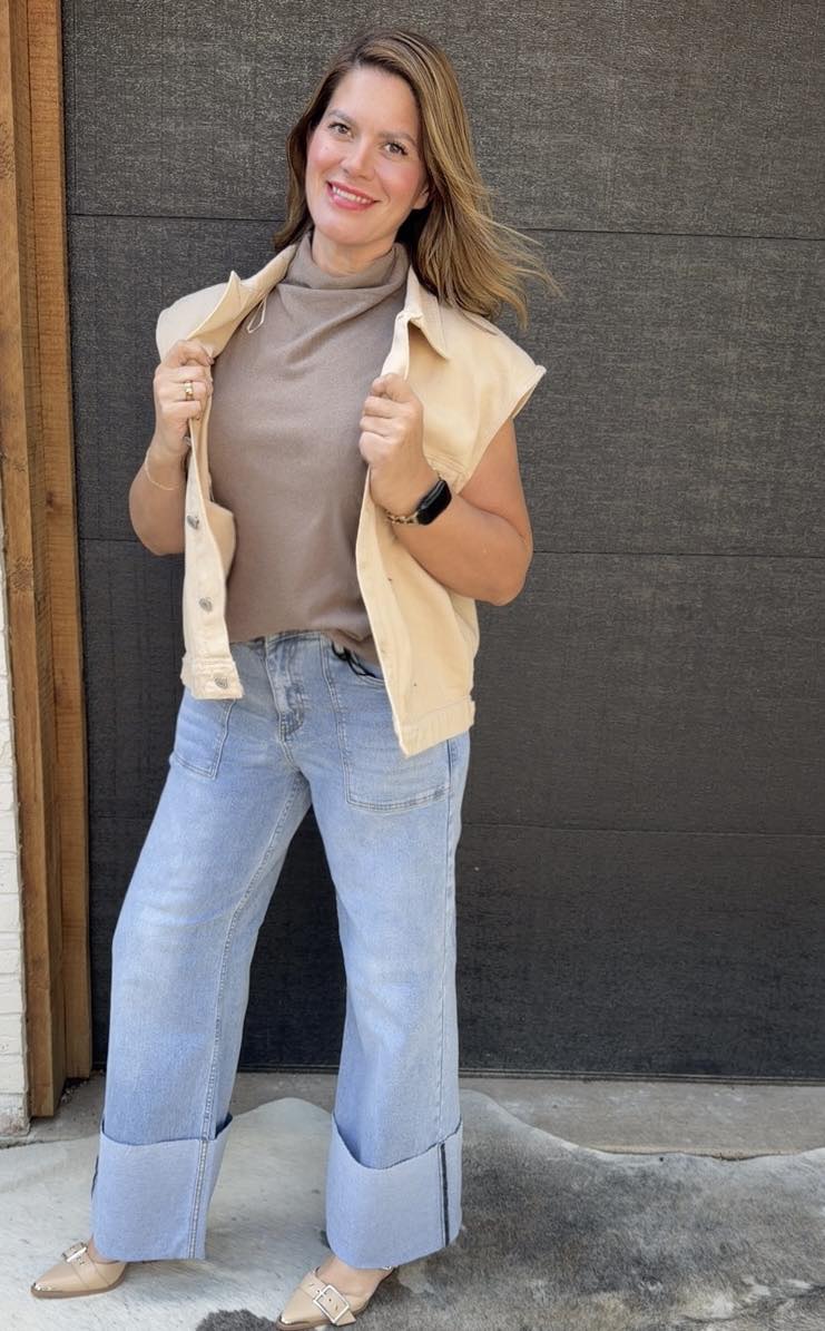 Shop The Look Chasing Sunset Vest, Wide Leg Jeans and Buckled High Heel Shoes